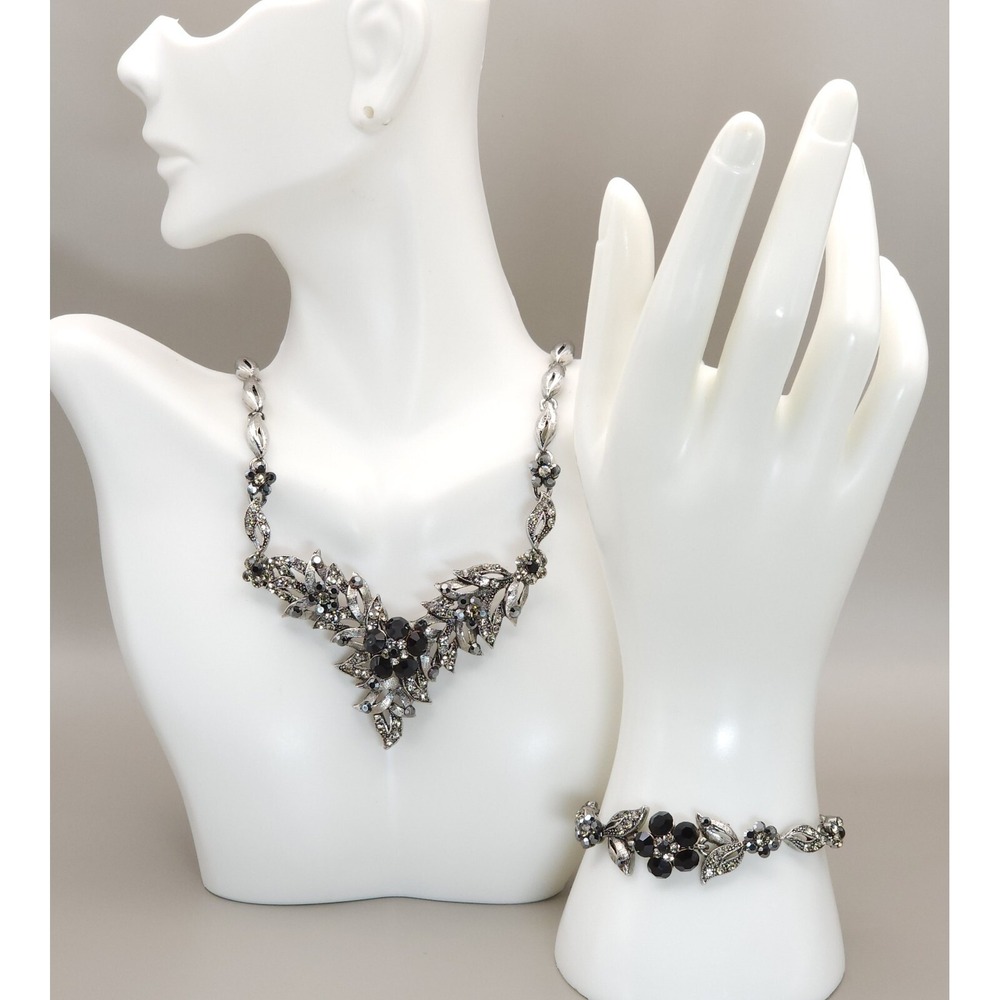 Vintage 1950s Marcasite Style Rhinestone Flower Necklace Bracelet Set Black Gray - Picture 1 of 16